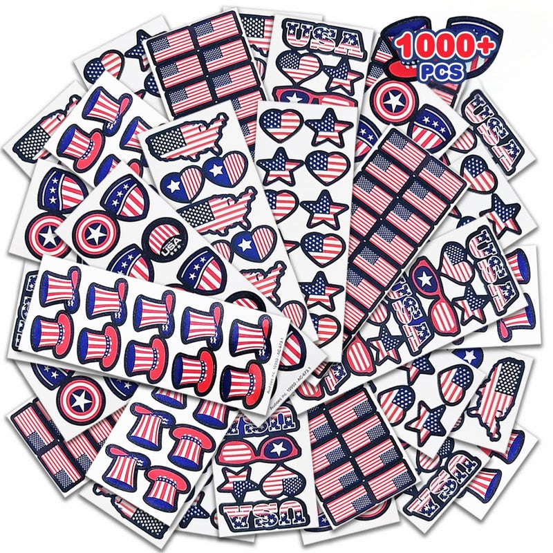 Artcreativity 1000+ Assorted 4th of July Stickers, Patriotic Sticker for Kids, 100 Bulk Stickers Sheets, Memorial Day Crafts for Kid, Memorial Day Decorations, 4th of July Party Favors for Kids - Image 1